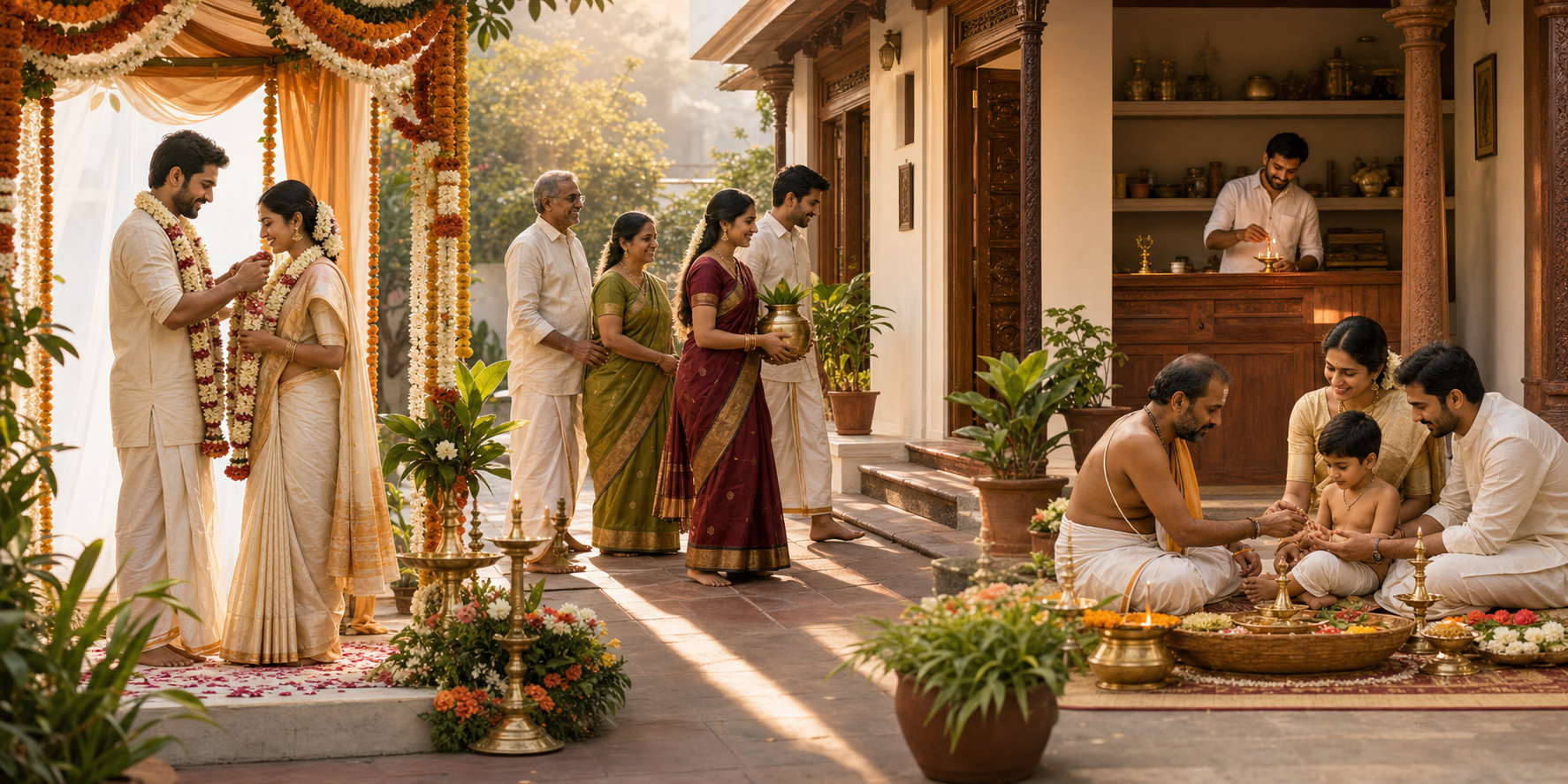 A courtyard tableau shows a wedding, a family entering a new home, a shop opening, and preparations for a child's samskara.