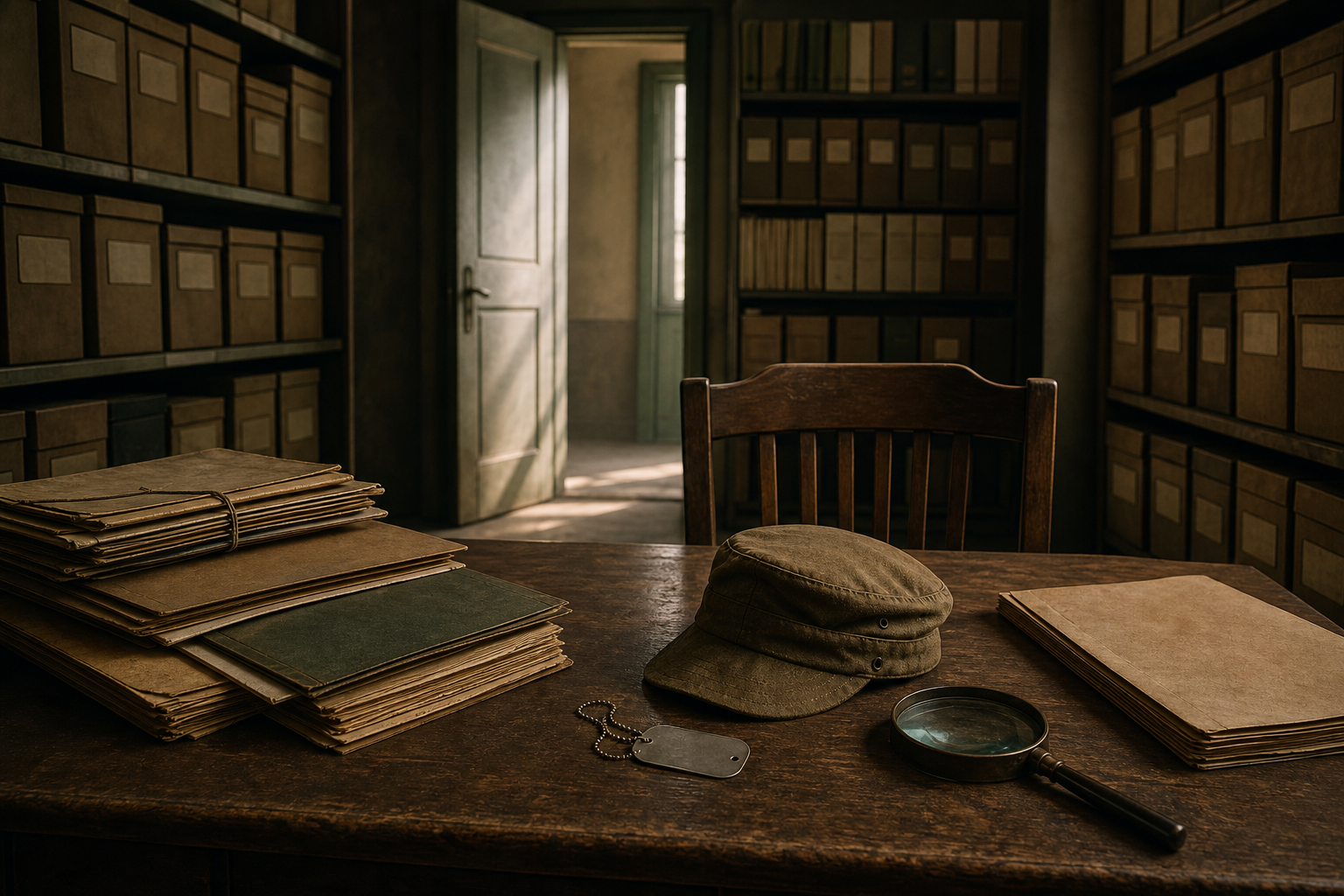 An empty archive desk holds military files, an identification tag, a khaki cap, and a magnifying glass beside shelves of sealed record boxes.