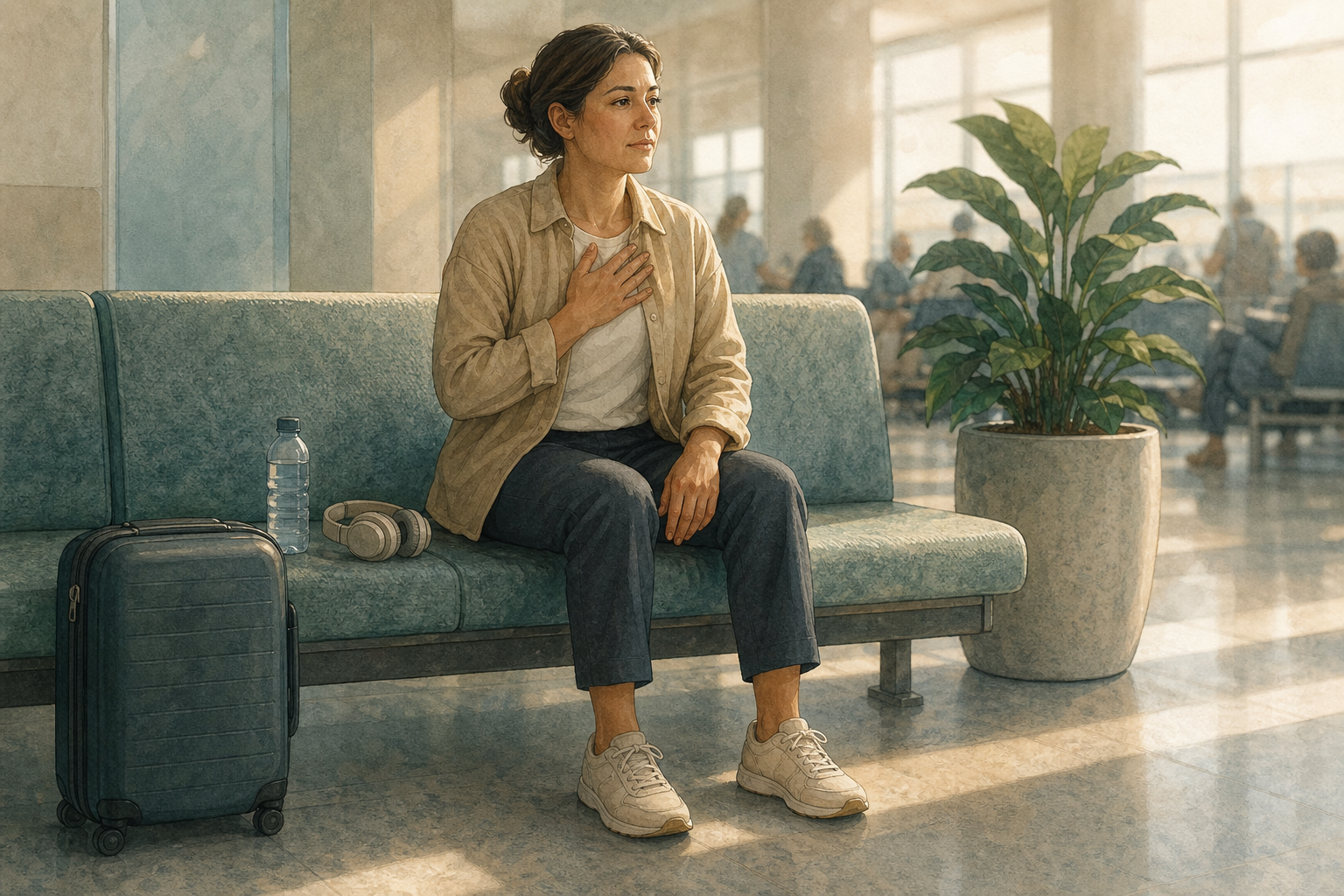 A traveler sits with both feet on the floor in a quiet airport alcove, one hand on the chest and a water bottle and carry-on nearby.