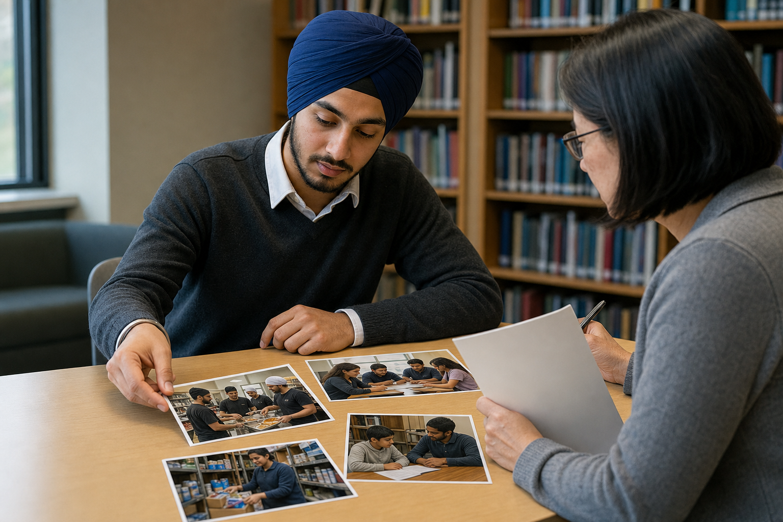 A Sikh applicant and mentor review a portfolio containing photographs of volunteer, tutoring, classroom, and organizing activities.