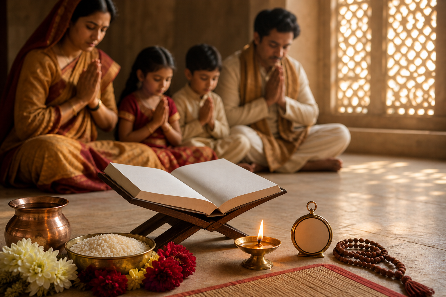 A small numeral-free clock sits beside a lit oil lamp, prayer beads, flowers, a copper vessel, and rice while a family prays in the background.