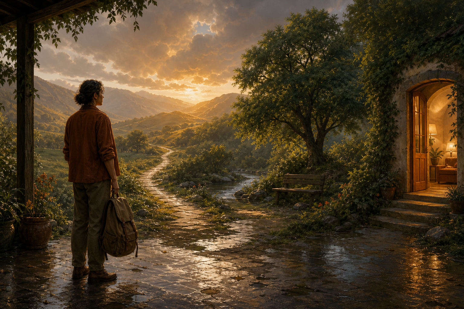 A traveler pauses near a sunlit path, a shaded bench by a stream, and the open doorway of a small guesthouse.