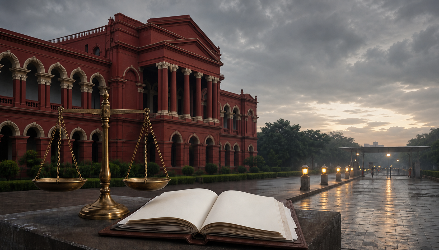 Editorial illustration of a red Bengaluru courthouse, scales of justice, an unfinished case file, and a distant security checkpoint.