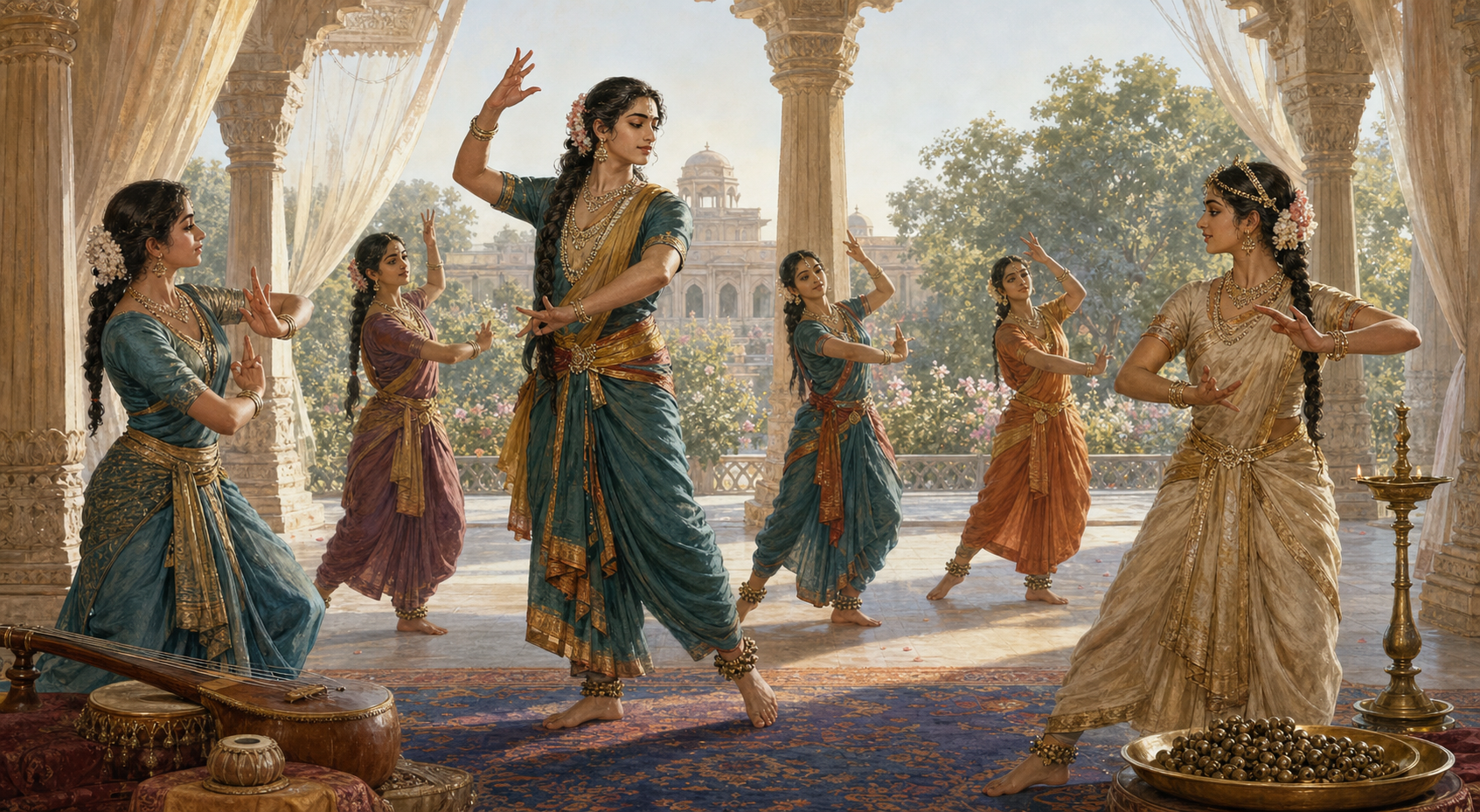 Brihannala teaches Princess Uttara and other court attendants to dance in a pillared palace pavilion with musical instruments nearby.