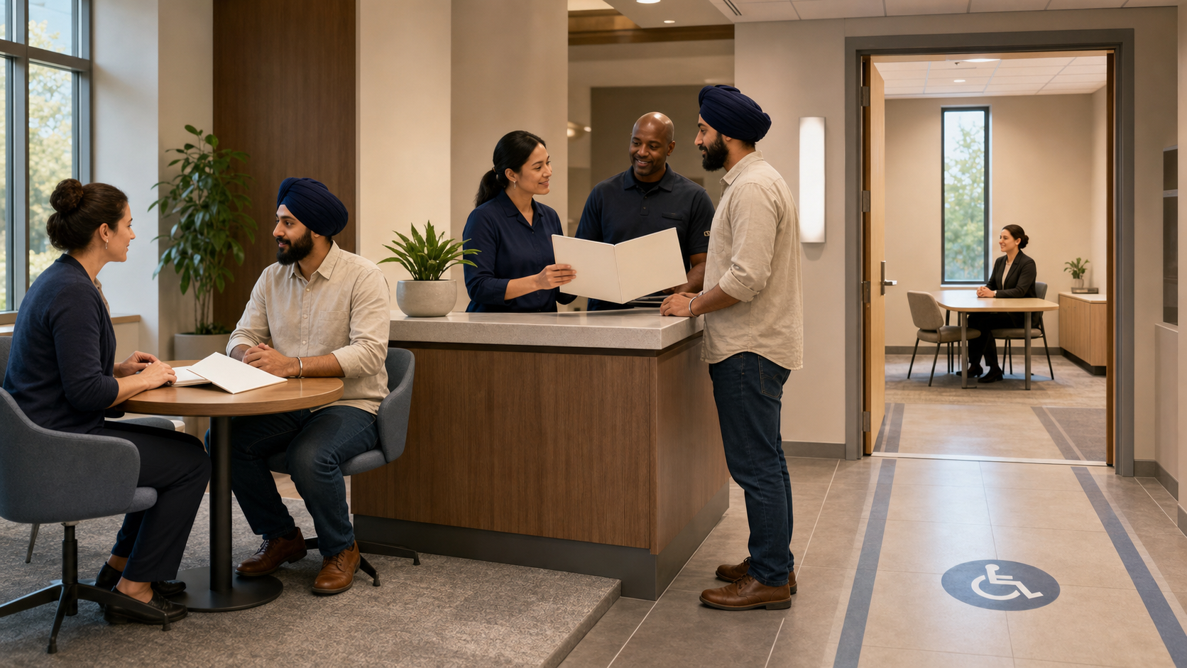 A Sikh applicant moves through a coordinated accommodation process involving an office coordinator, reception staff, and a prepared interview room.
