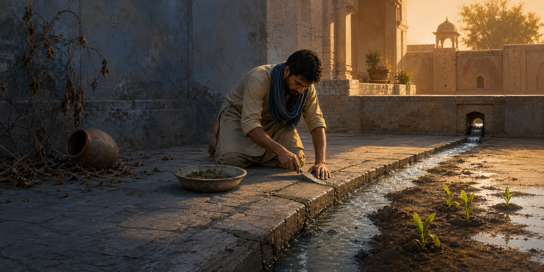 A person repairs a cracked stone water channel in a South Asian courtyard as water begins flowing from a dry area toward green shoots.