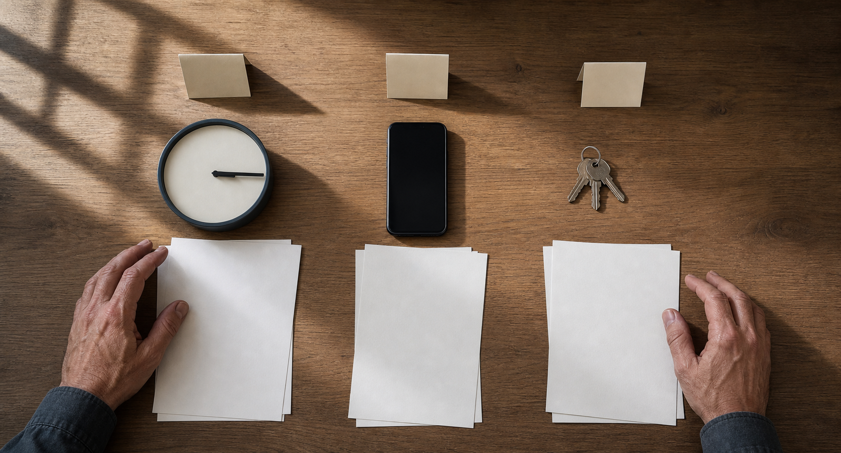 Overhead view of a plain analog clock showing quarter past, a phone, keys, blank records, and evidence markers arranged on a desk.