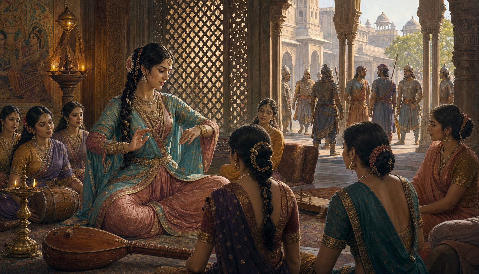 Brihannala conducts a palace arts lesson in the foreground while guards and warriors pass through a distant courtyard without noticing the instructor.