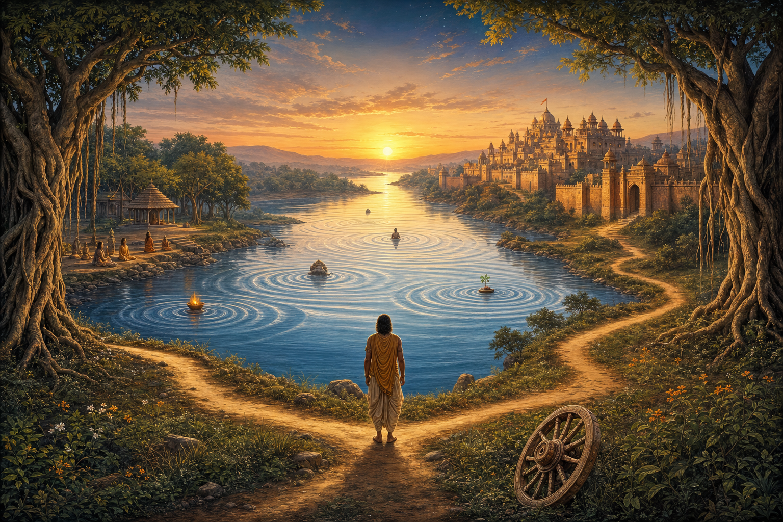 A figure stands at a branching path beside a river, with an ancient forest, royal city and chariot wheel in the surrounding landscape.