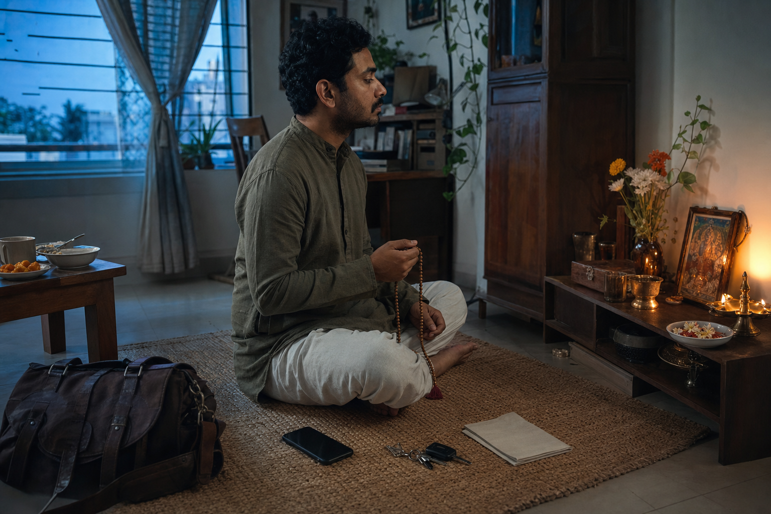 A person sits with prayer beads before a small home altar at dawn while a phone, keys, and work bag rest nearby.