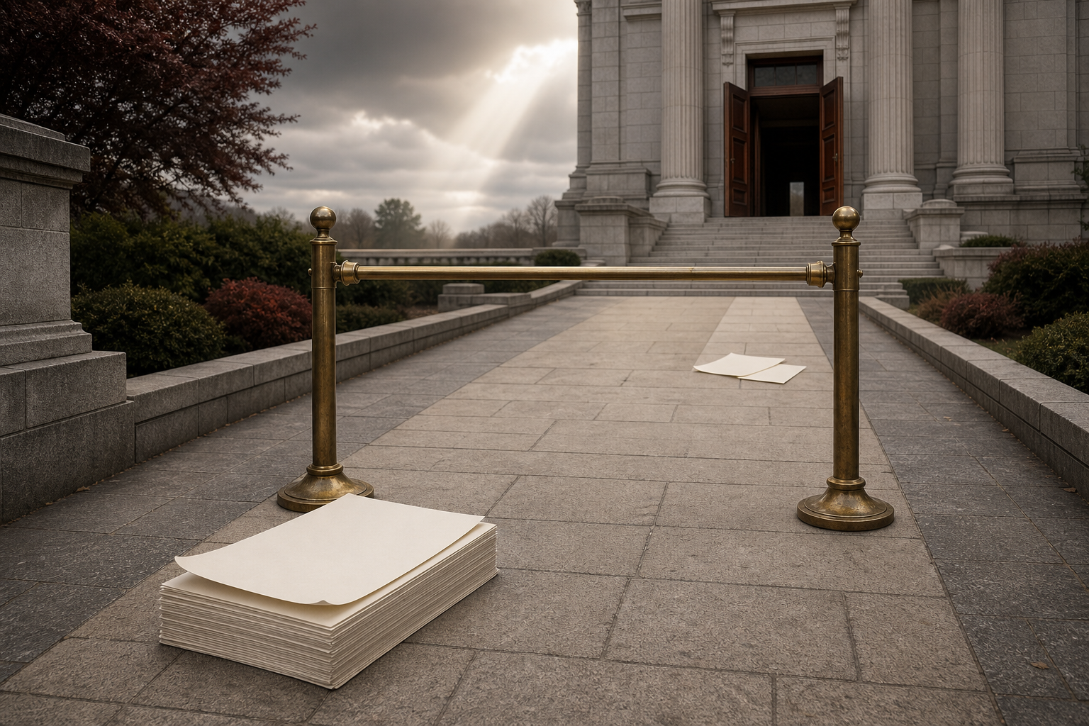 A temporary brass barrier pauses a stone path that continues toward an open courthouse, with unfinished blank case papers beside it.