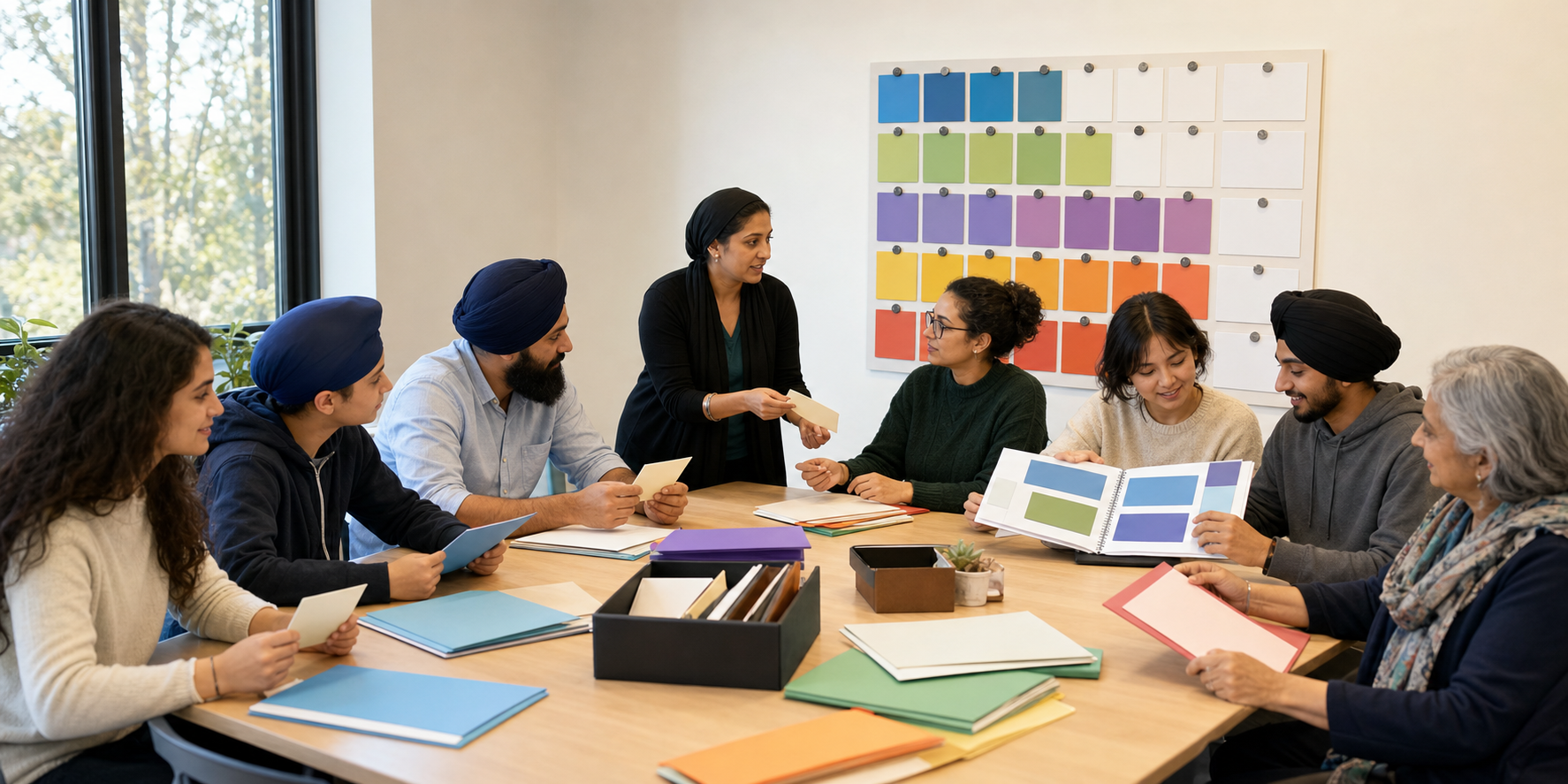 Mentors, applicants, and a program coordinator review blank case cards and colored folders around a table beside a visual tracking board.