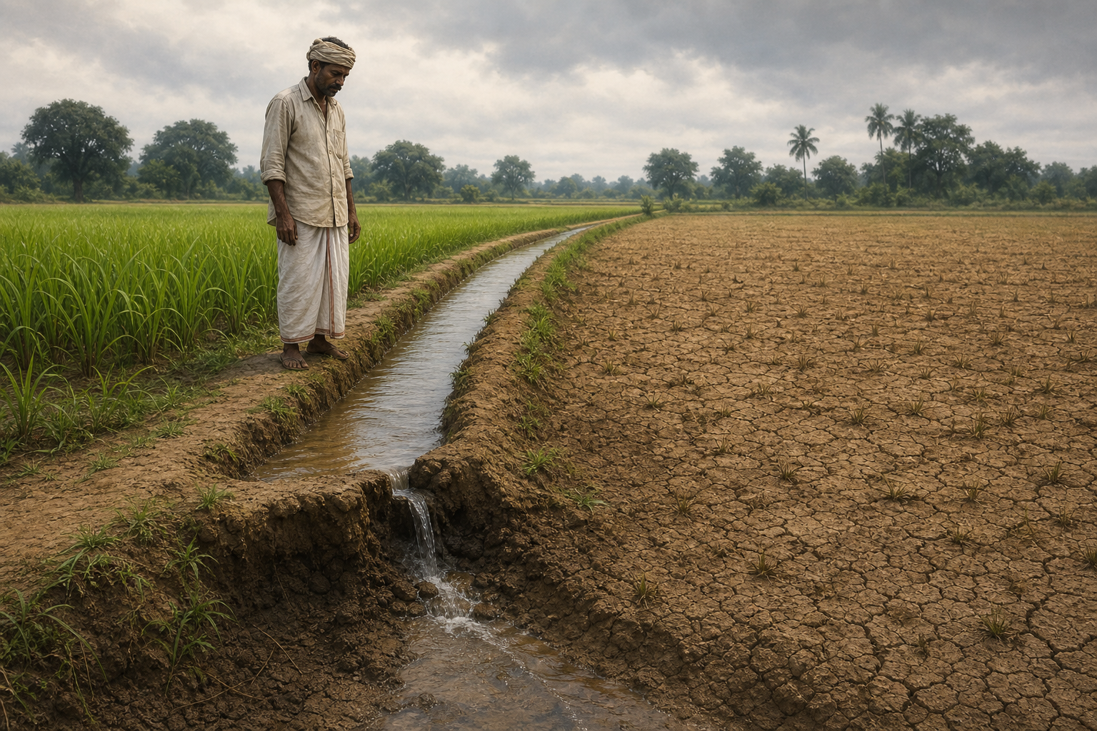 A farmer examines a small breach in an irrigation channel beside a field with both dry and green sections.