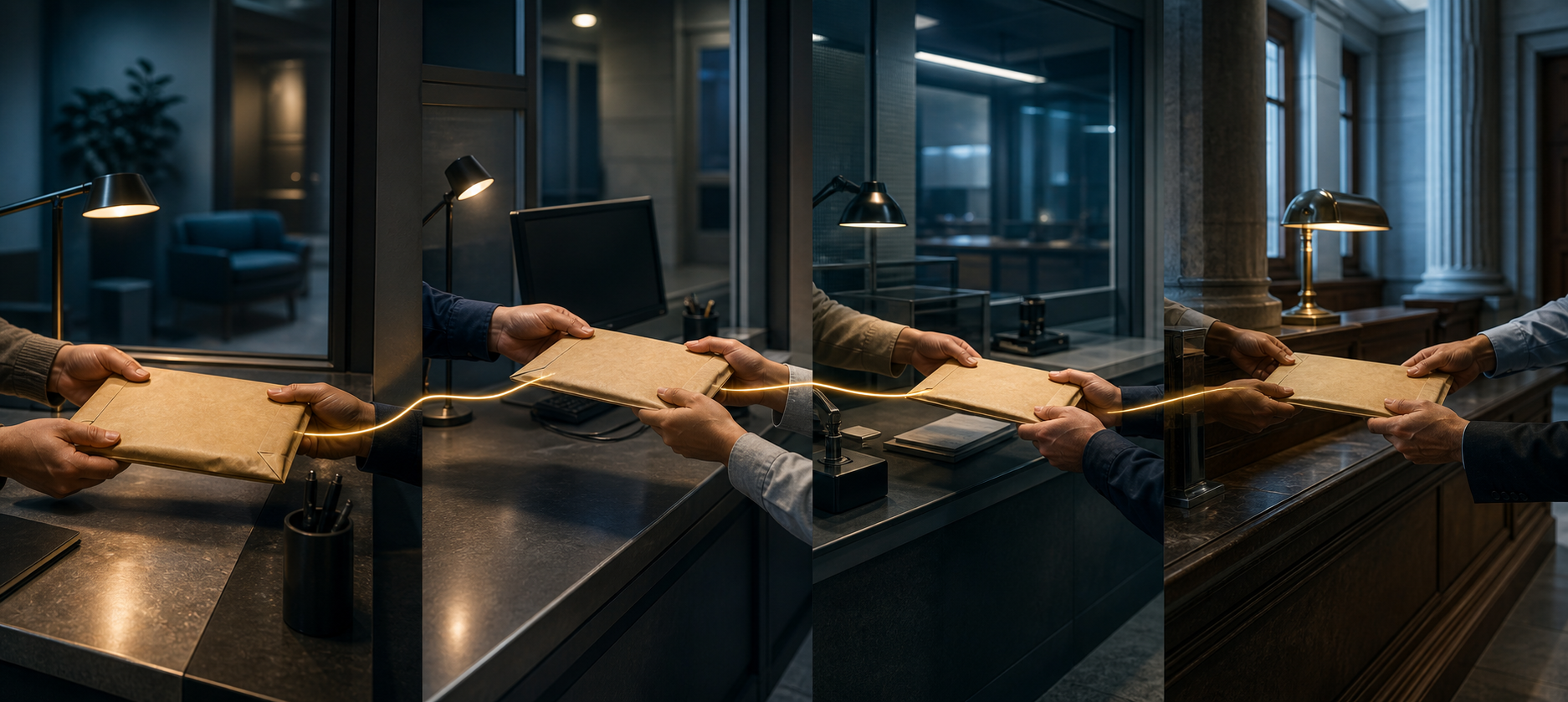 Anonymous officials pass a sealed case packet through connected civic, police, immigration, and court workstations.