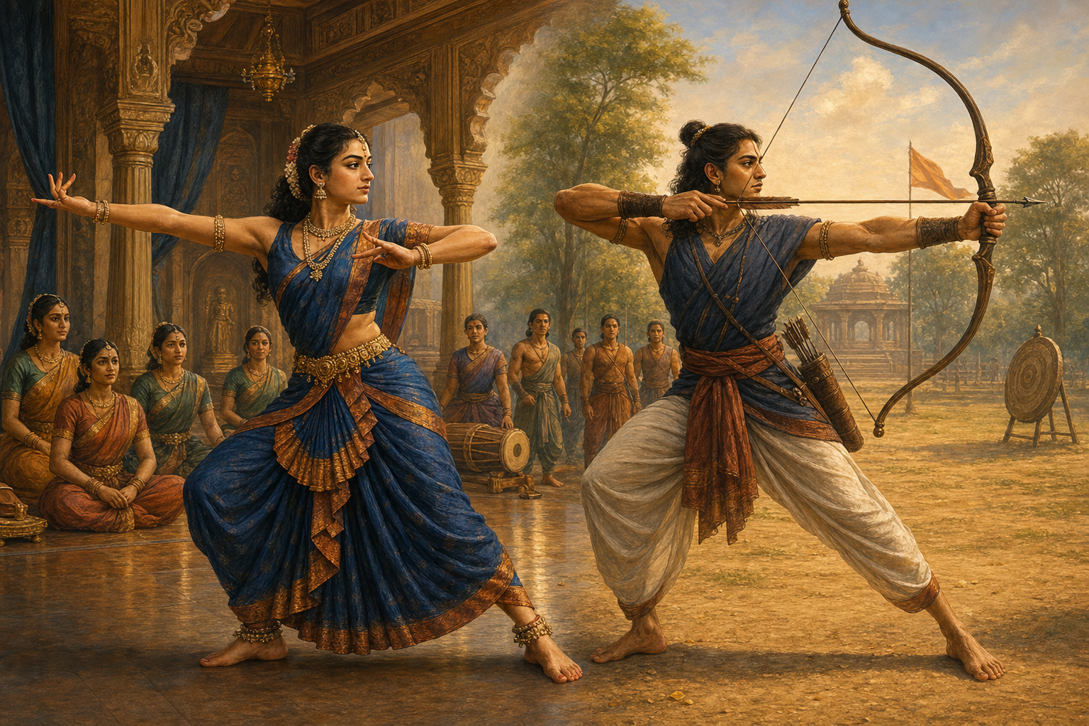 A two-part illustration shows Brihannala demonstrating a dance stance and Arjuna drawing a bow in a closely matching posture.
