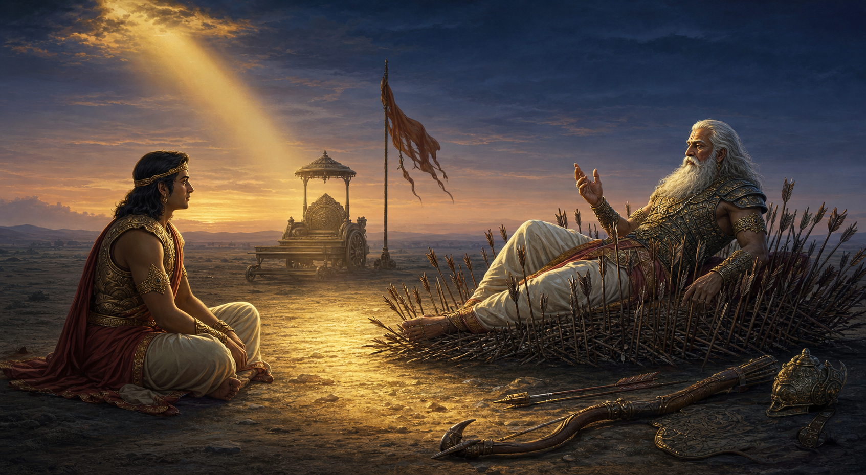 The elderly warrior Bhishma rests on a bed of arrows at twilight while giving counsel to a younger royal listener.