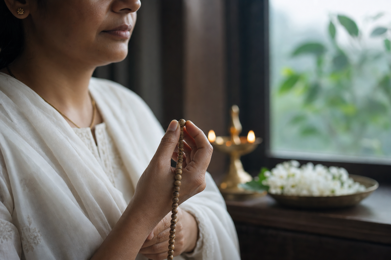 Relaxed hands hold tulsi prayer beads near a small oil lamp and jasmine flowers beside a quiet morning window.