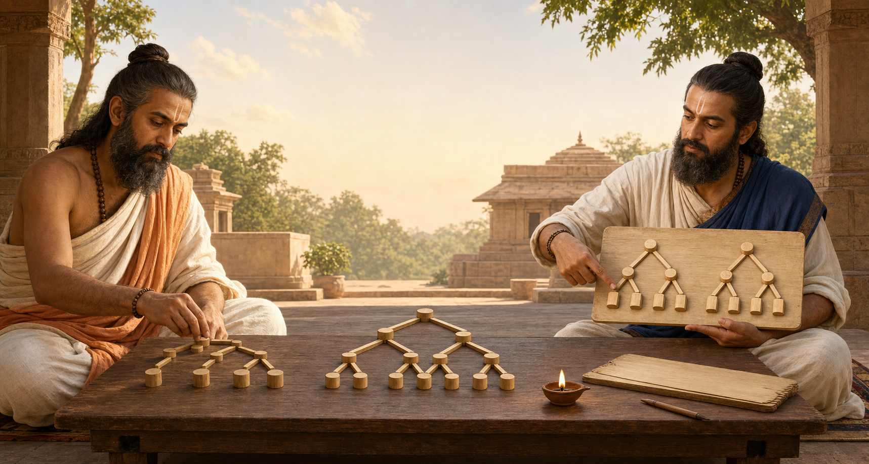 Two ancient Indian scholars study unmarked wooden pieces and a blank palm-leaf manuscript in a sunlit courtyard.