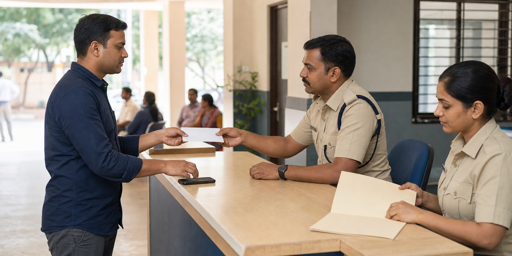 A citizen discreetly gives a blank note to an officer at a public service counter while another staff member opens an incident folder.