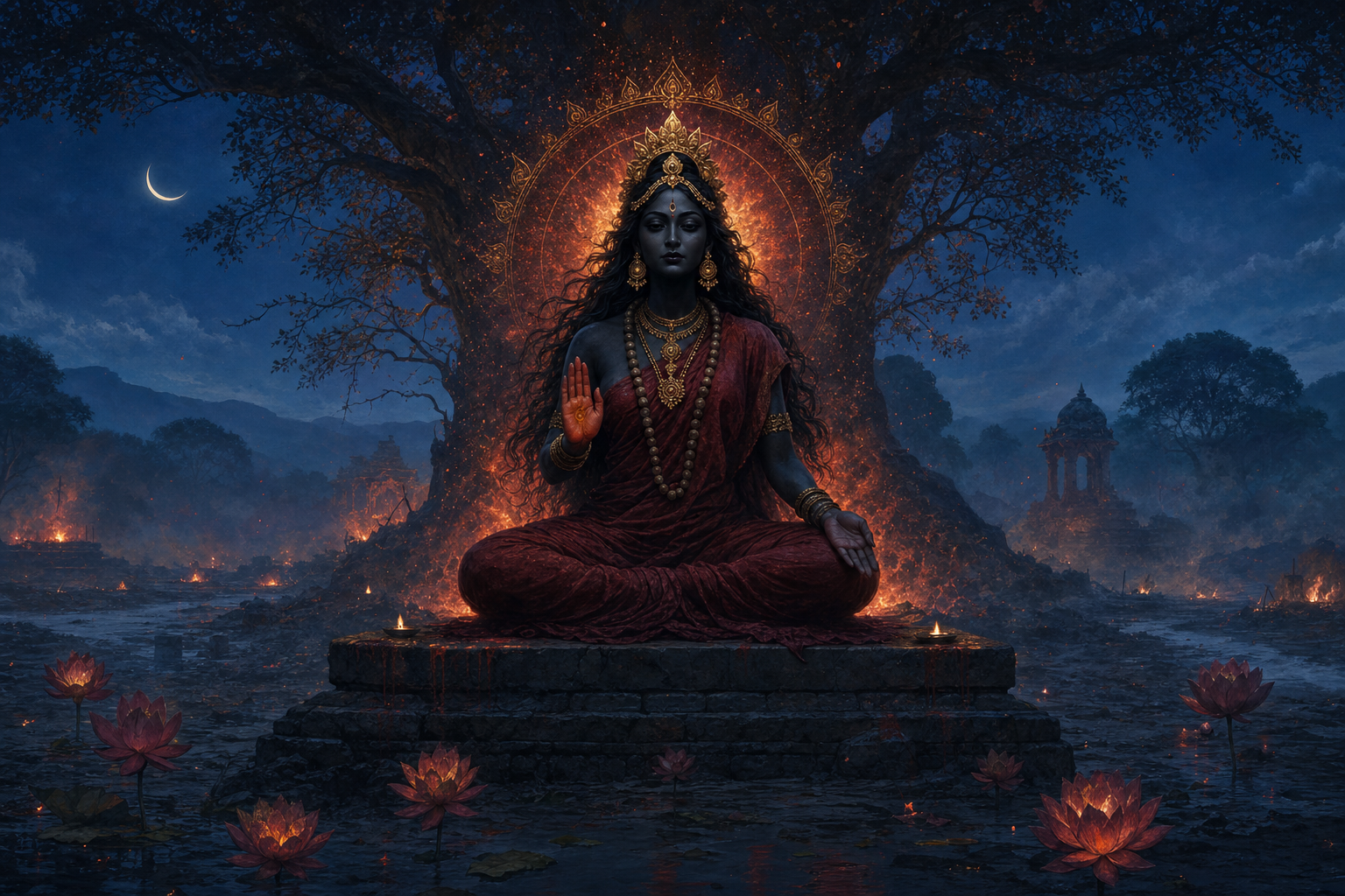 A dignified feminine sacred figure sits in a moonlit ash-gray landscape, surrounded by a soft ember-colored halo, an ancient tree, distant fires, and lotus forms.