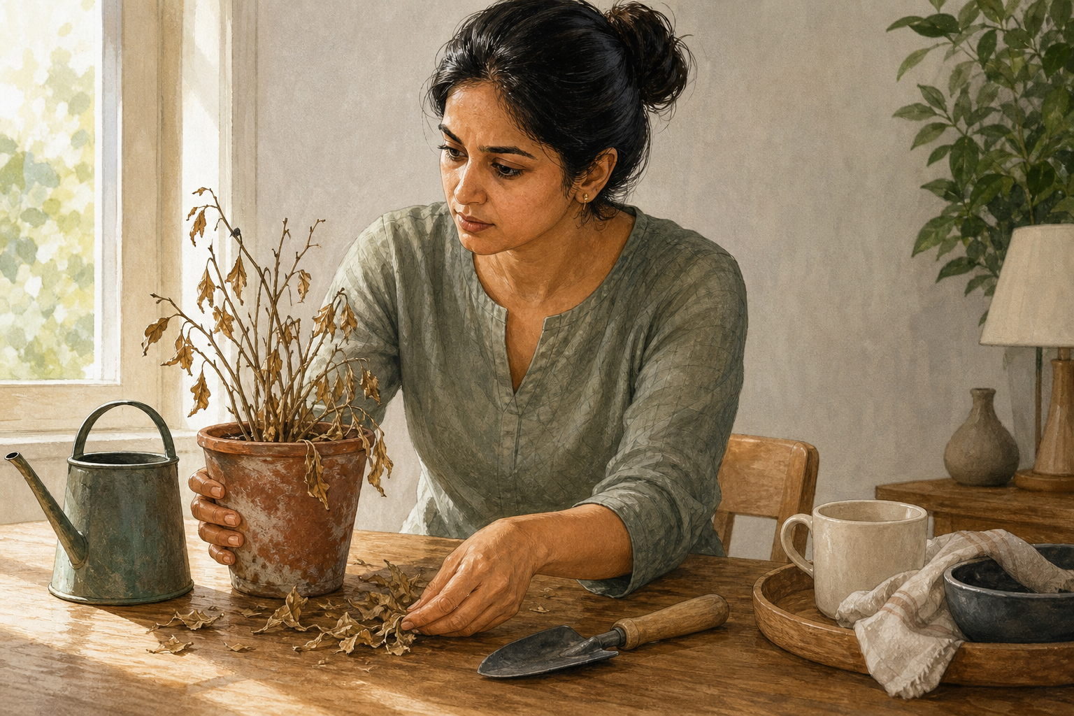 A person at a wooden table focuses on a dry potted plant, a watering vessel, fallen leaves, and a gardening tool.