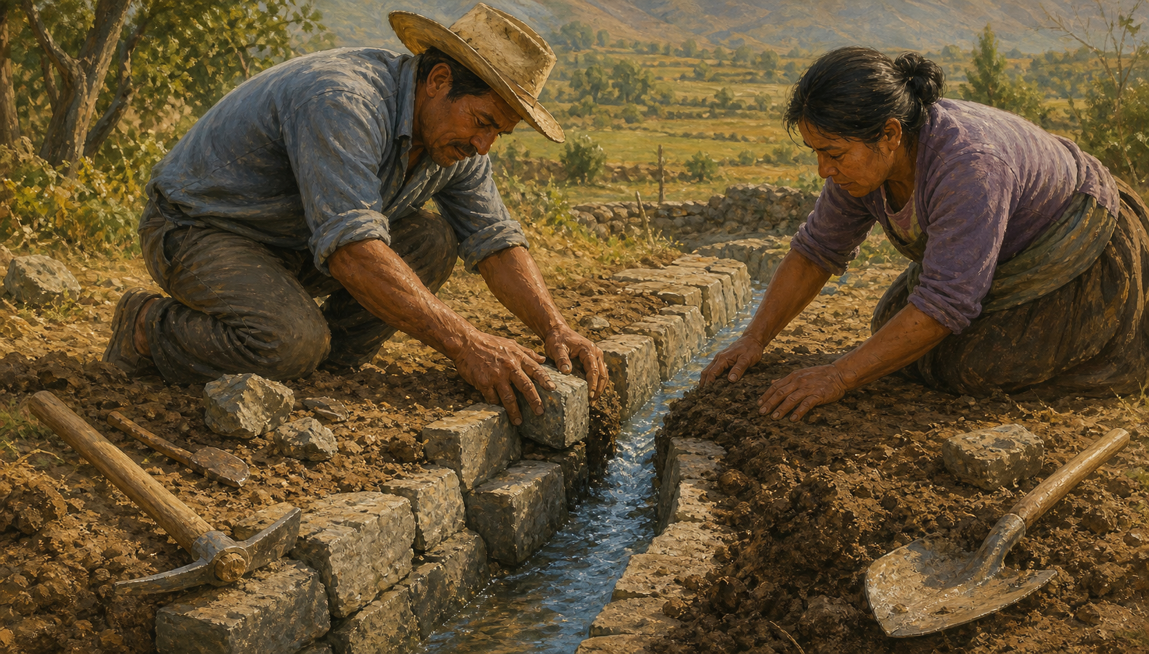 Two people repair a damaged irrigation channel together as a thin stream of water begins to pass through it.