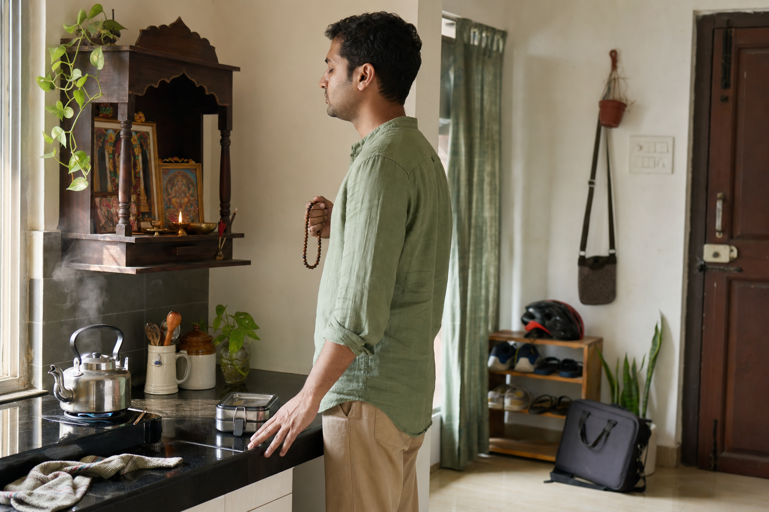 A working adult pauses with prayer beads near a small devotional shelf while a packed lunch, keys, helmet, and work bag wait by the door.