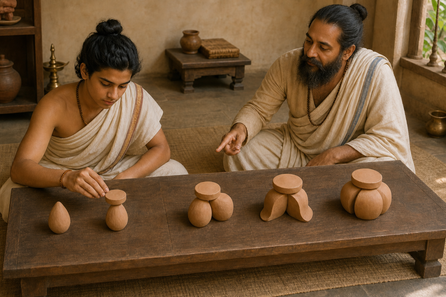 A student assembles plain clay and wooden pieces through successive stages while a teacher observes the derivation process.