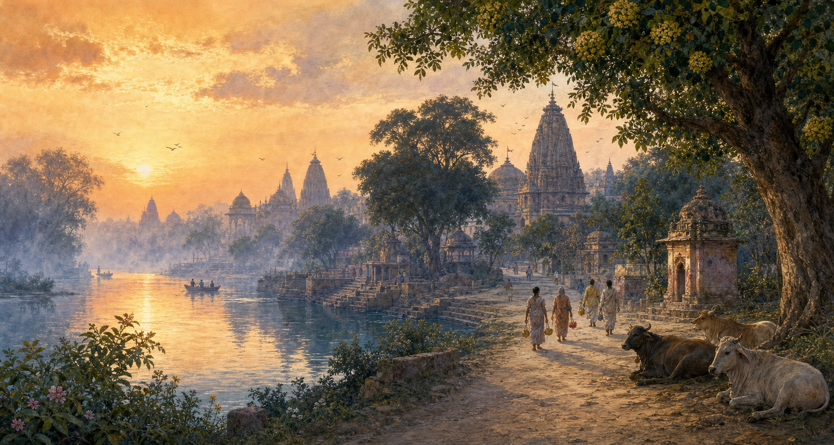 Pilgrims walk beside the Yamuna at dawn as temple spires, wooded groves, village buildings, and cows appear across the Braj landscape.