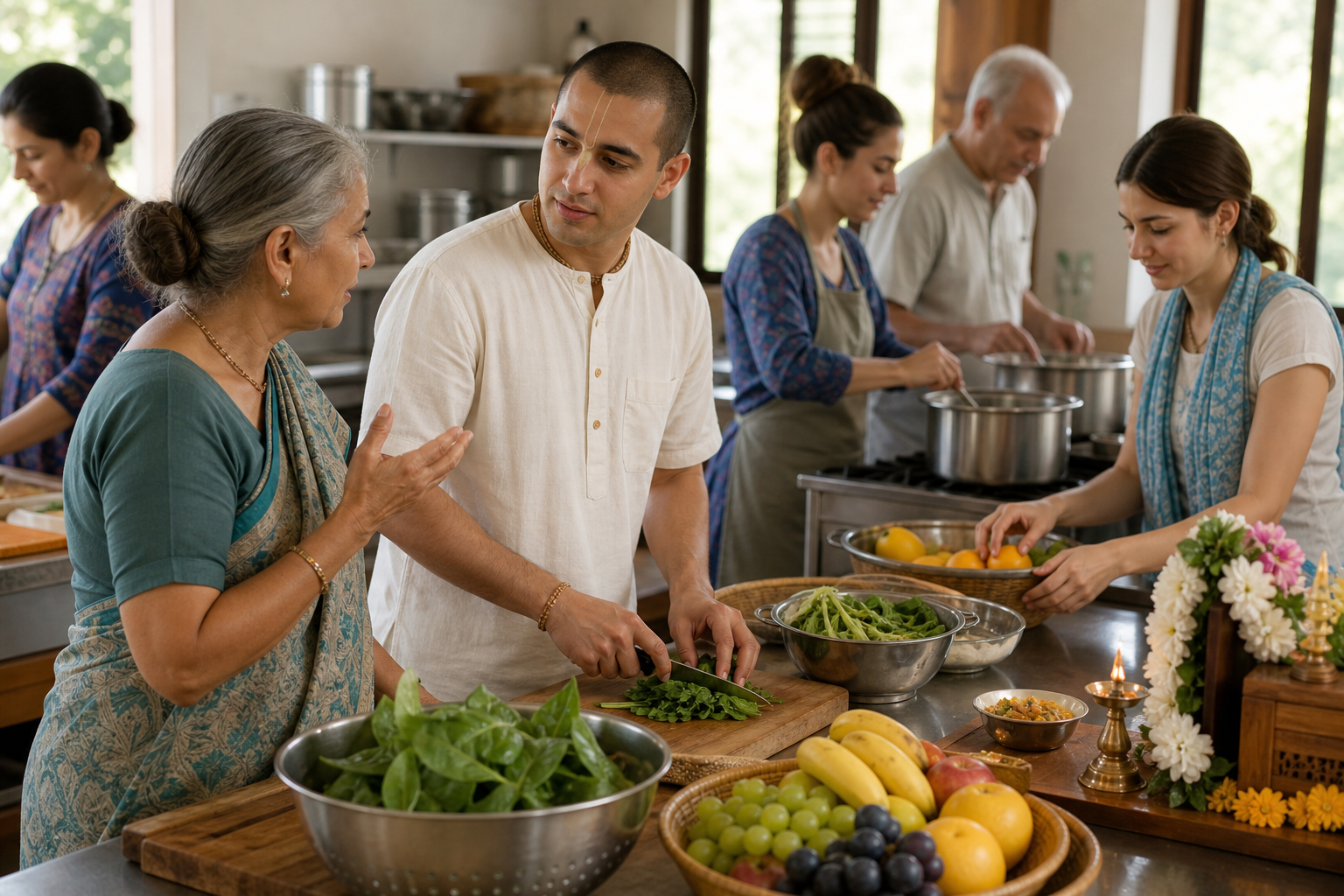 Several people calmly prepare a simple vegetarian meal together in a sunlit kitchen beside a small flower-and-lamp offering.