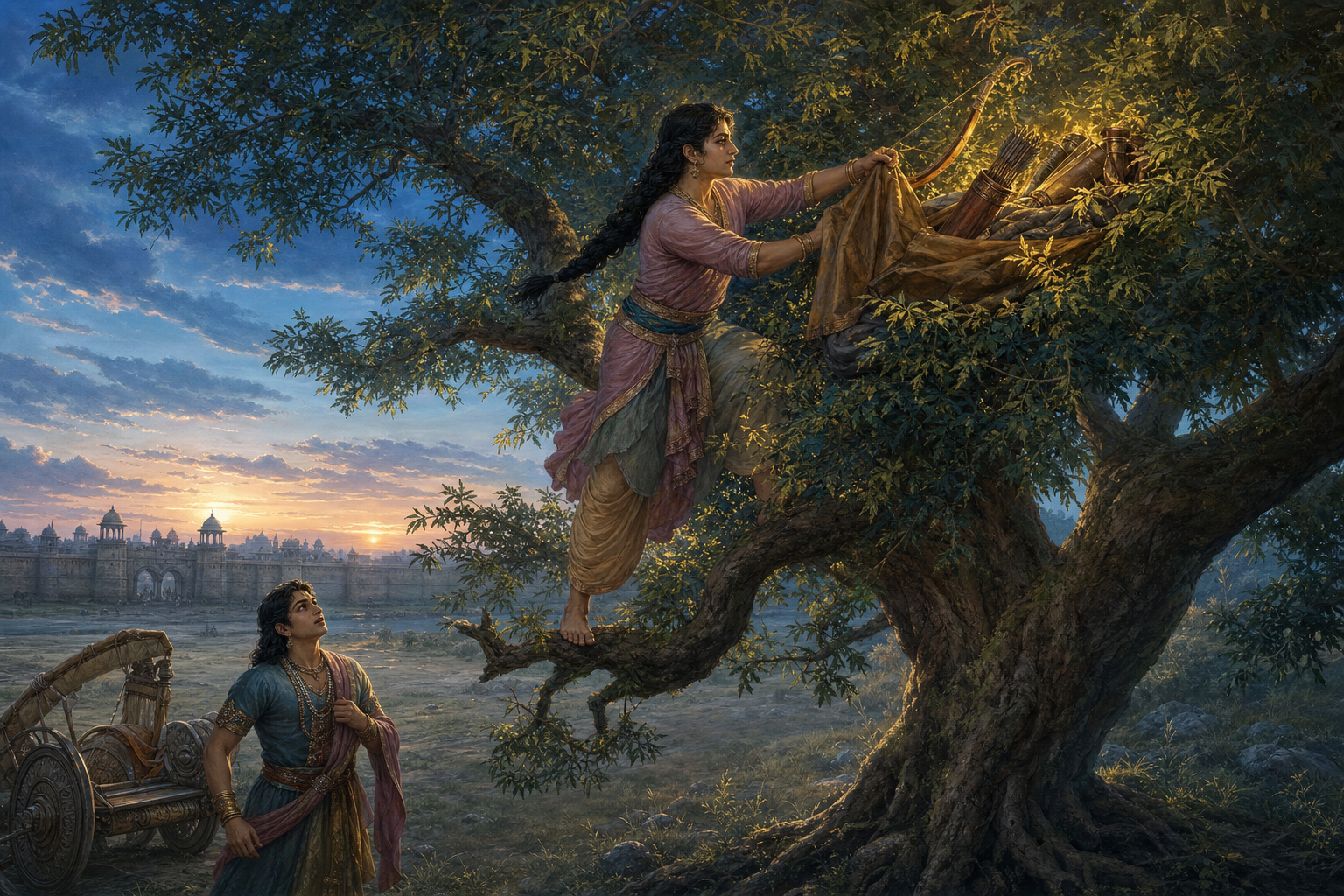 Brihannala retrieves a hidden bow and quivers from a shami tree while Prince Uttara waits below beside a chariot at dawn.