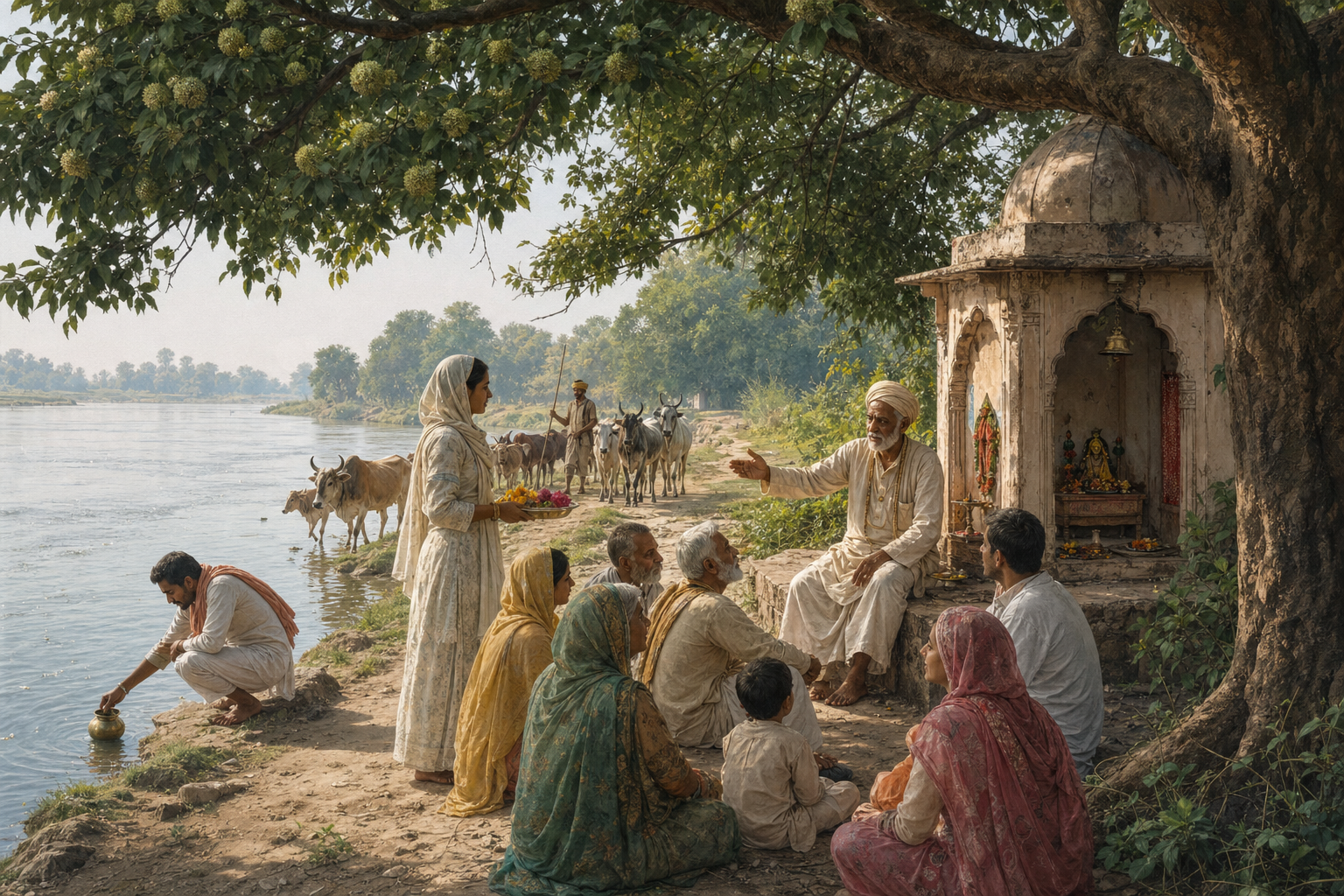 Visitors listen to a local caretaker beside a small riverside shrine while another pilgrim offers flowers under a large tree.