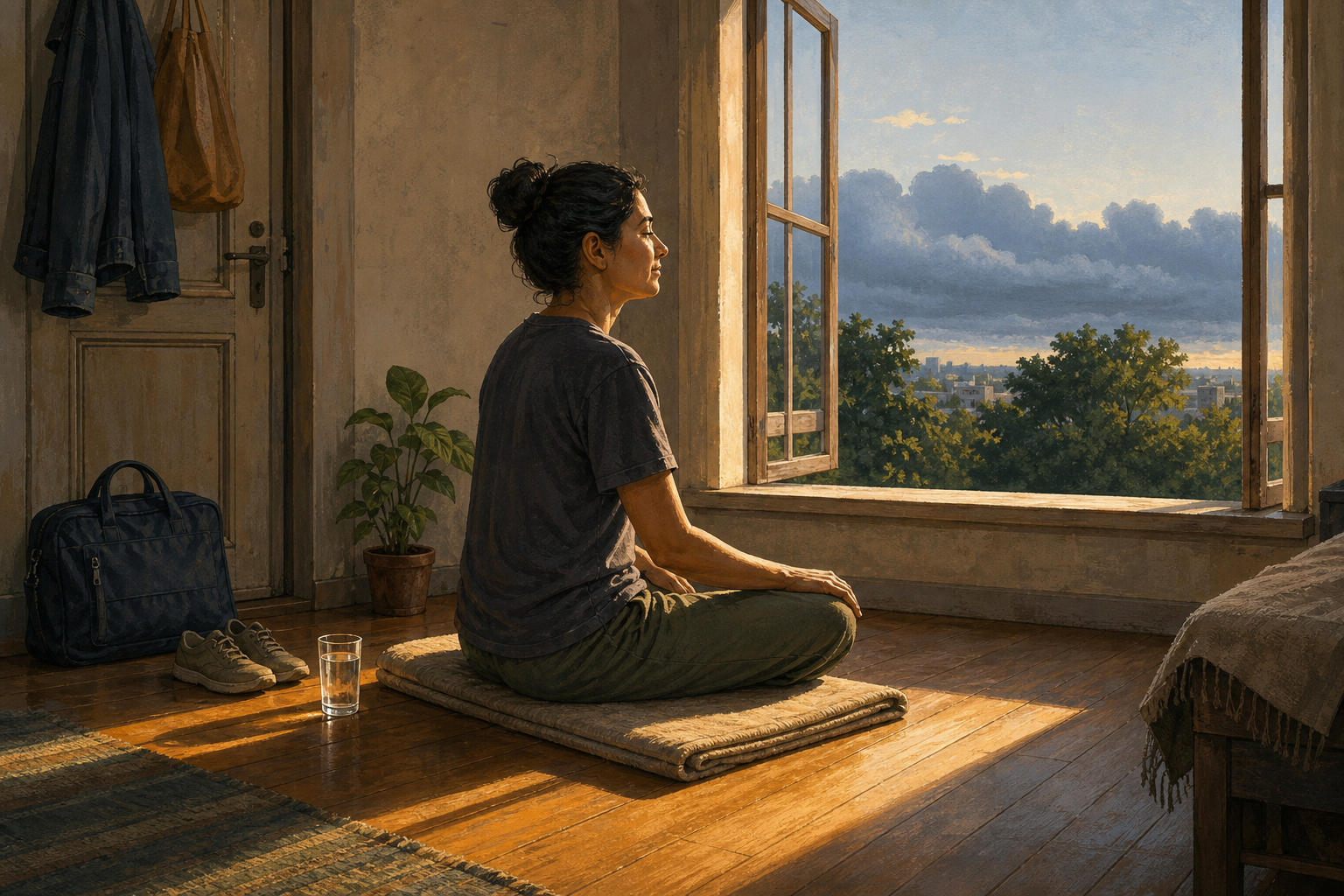 An adult practices quiet seated meditation at dawn in a modest room while distant storm clouds gather beyond the open window.