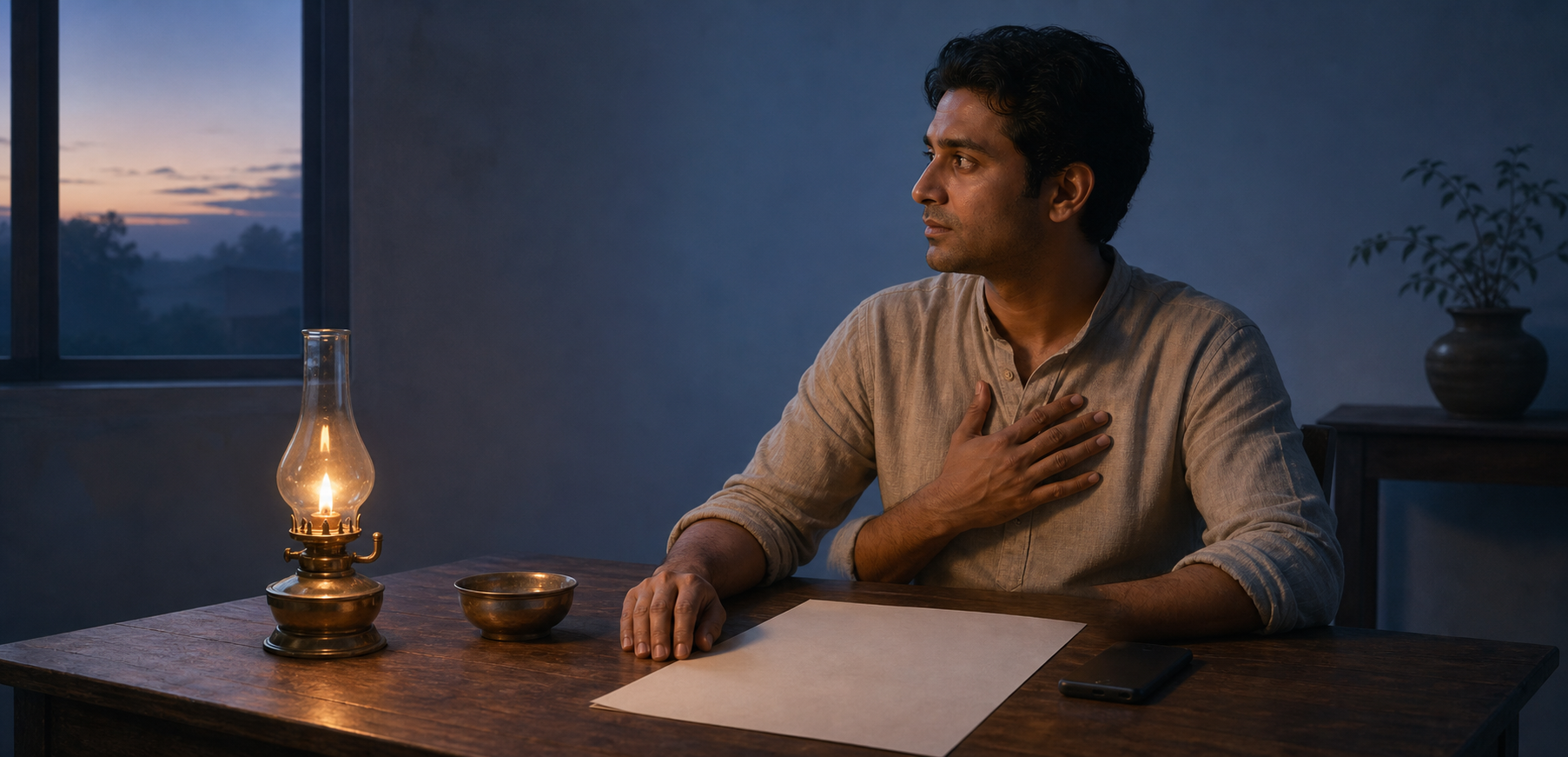 A person pauses at a wooden desk beside a face-down smartphone, with one hand over the heart and a small oil lamp glowing nearby.