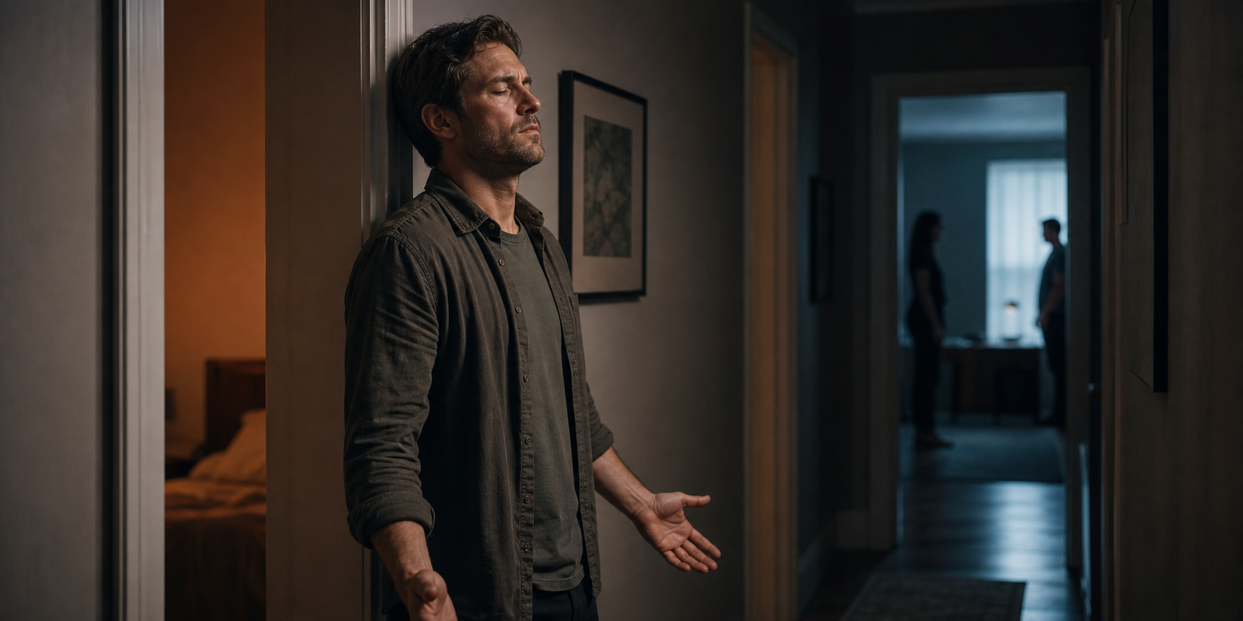 A person pauses to breathe in a hallway after stepping away from two figures in a dimly lit room.