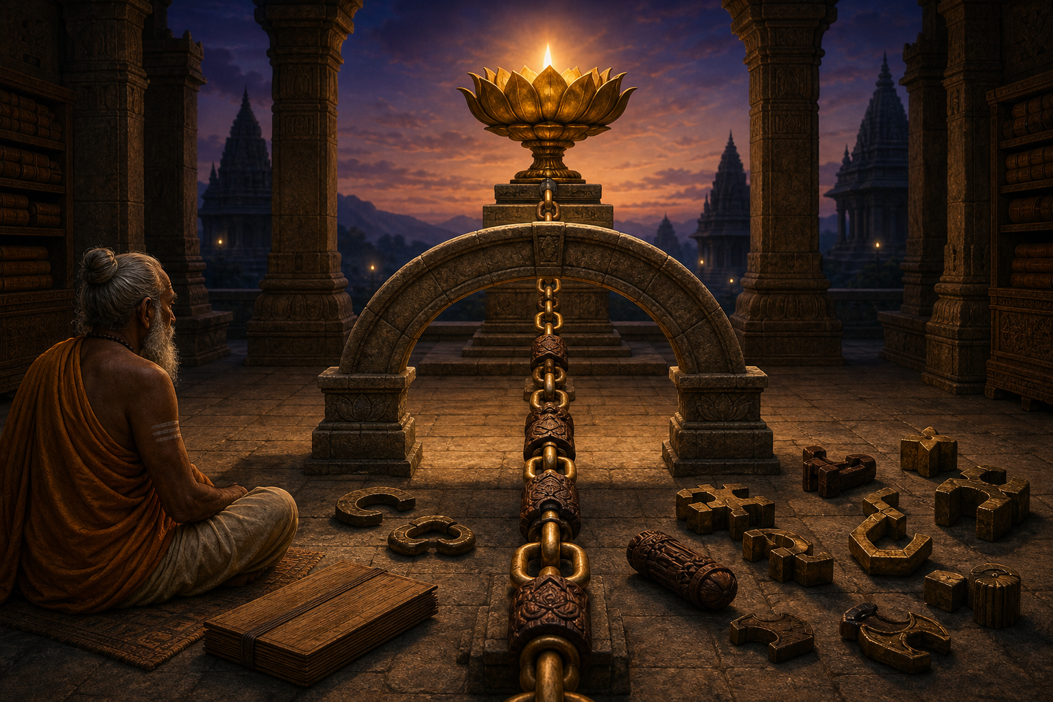 An interlocking chain passes beneath a stone arch and supports a glowing lotus-shaped lamp in a temple library.