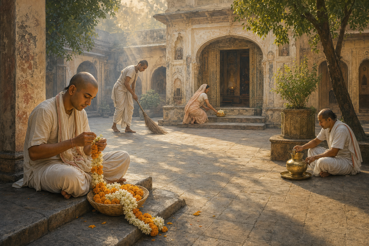 Devotees make flower garlands, sweep a stone courtyard, and prepare water and offerings at a temple in Vrndavana.