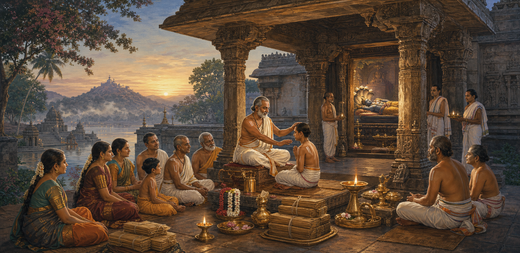 A Vaishnava teacher blesses a young disciple as families and devotees gather between a temple sanctum, river, and pilgrimage landscape at dawn.