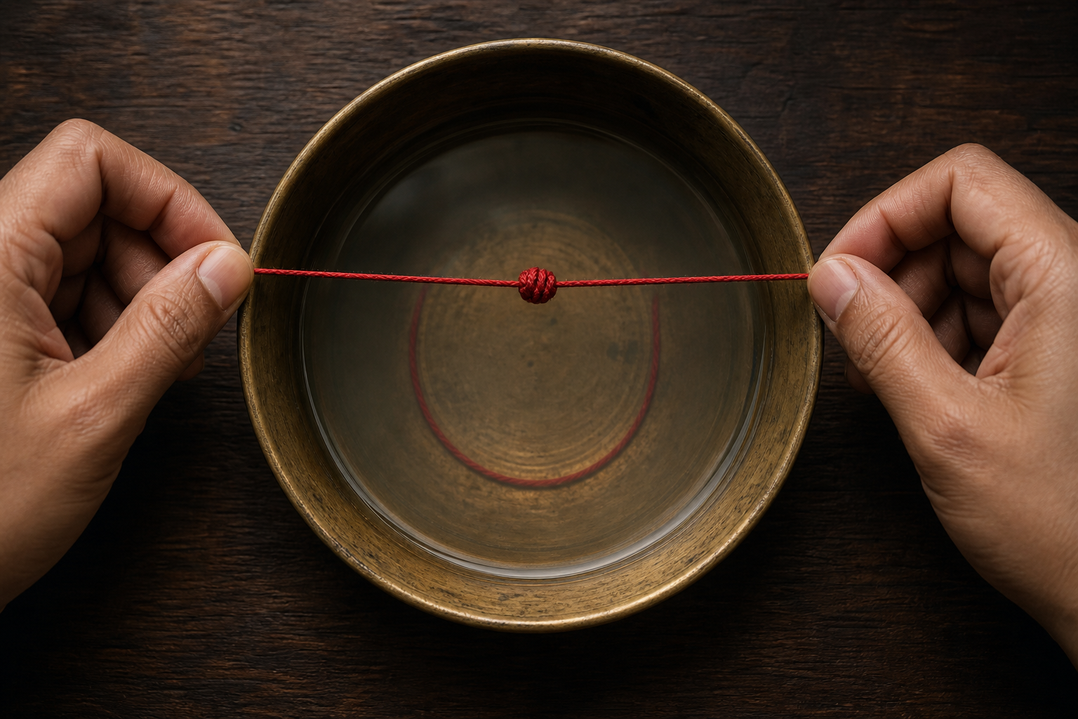 Two hands hold a knotted red thread over a brass bowl, with part of the thread submerged in clear water.