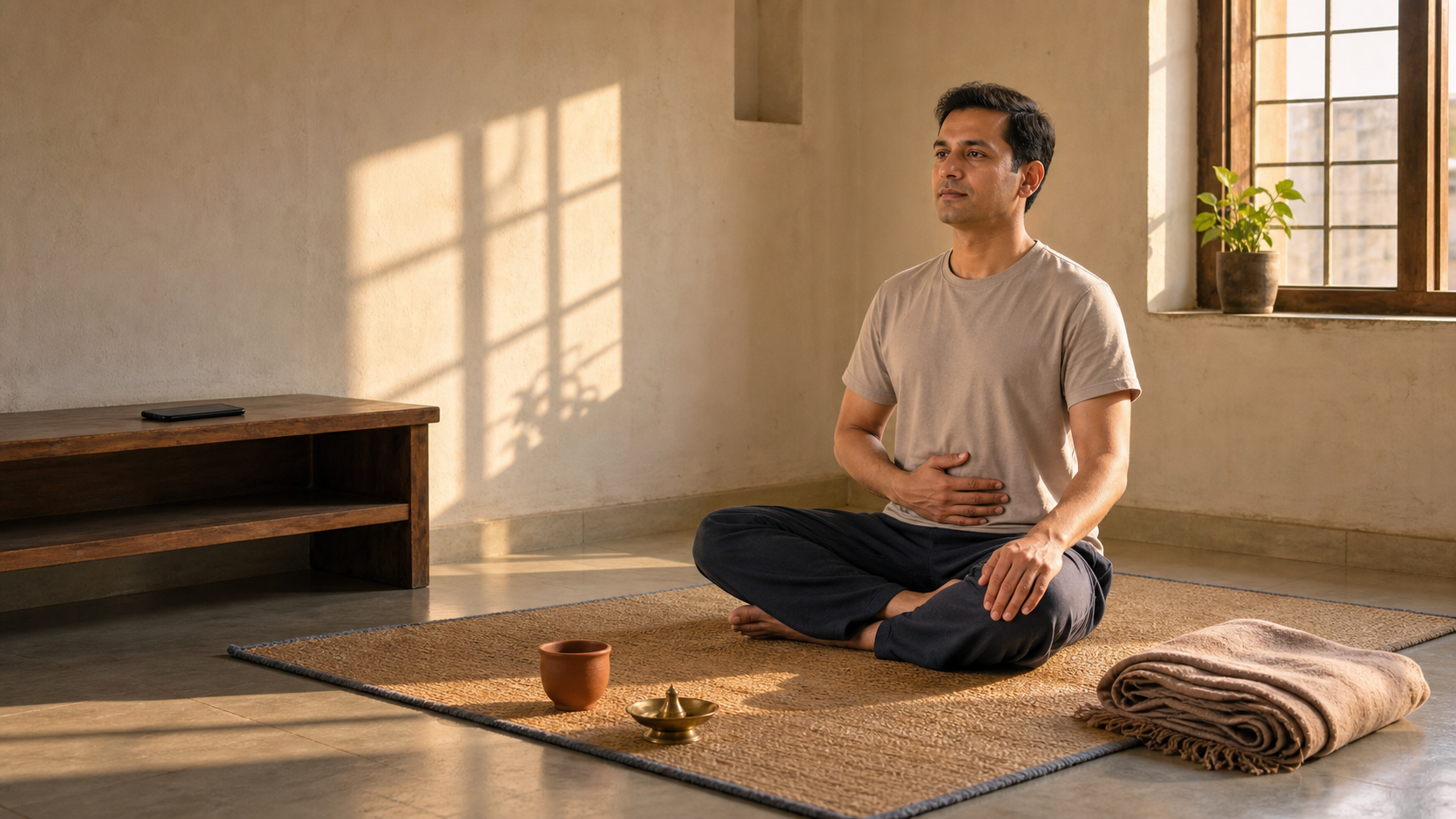 A person practices seated breathing on a woven mat in a simple sunlit room while a face-down phone rests on a distant shelf.