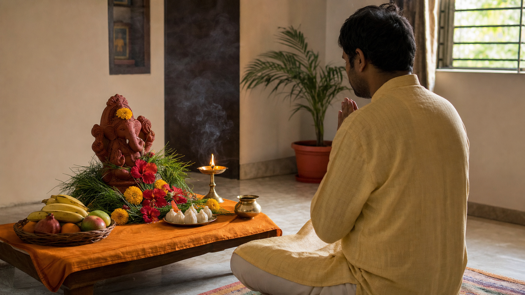 A devotee prays before a small red-clay Ganesha murti with flowers, durva grass, fruit, modaks, a brass vessel, and a lit oil lamp in a quiet home.