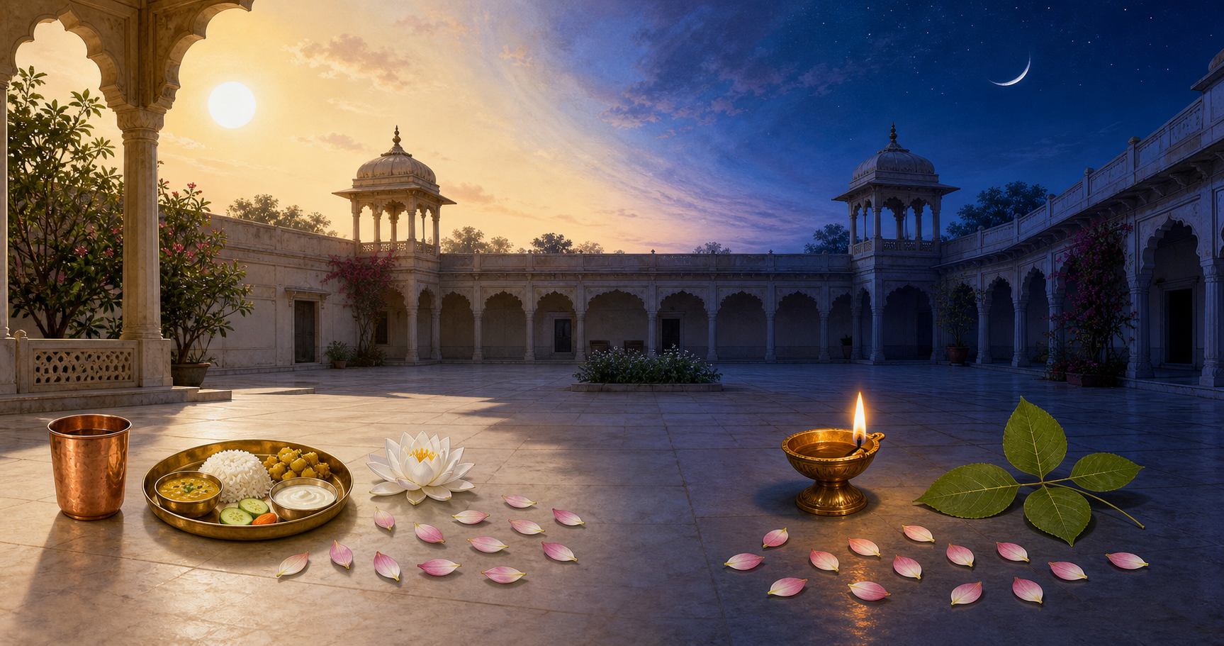 A continuous courtyard scene shifts from daylight with a simple meal and twelve flower petals to evening with a lamp, bilva leaves, and thirteen petals.