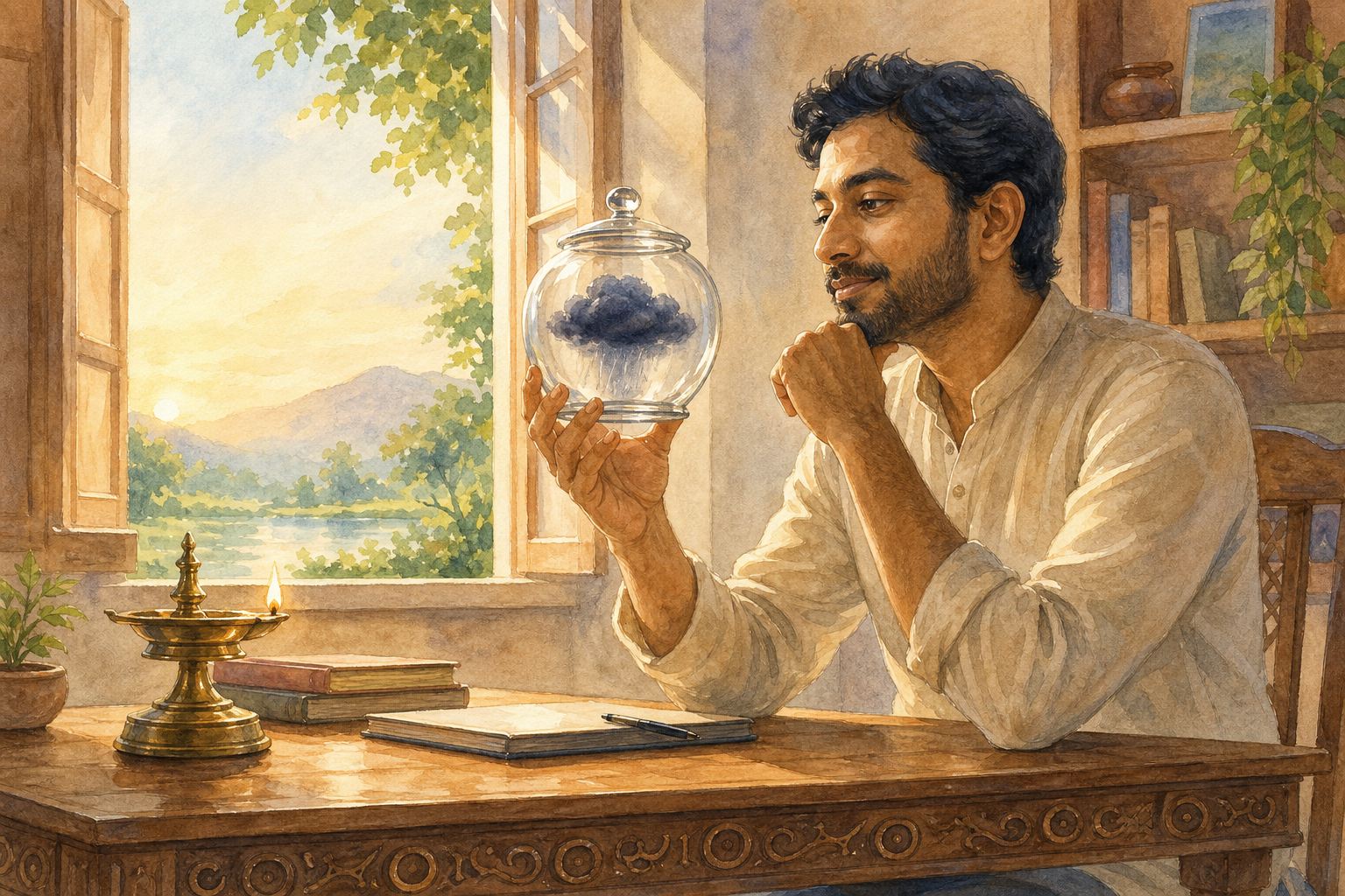 A person studies a small storm cloud contained in a glass vessel beside a brass lamp in a sunlit room.