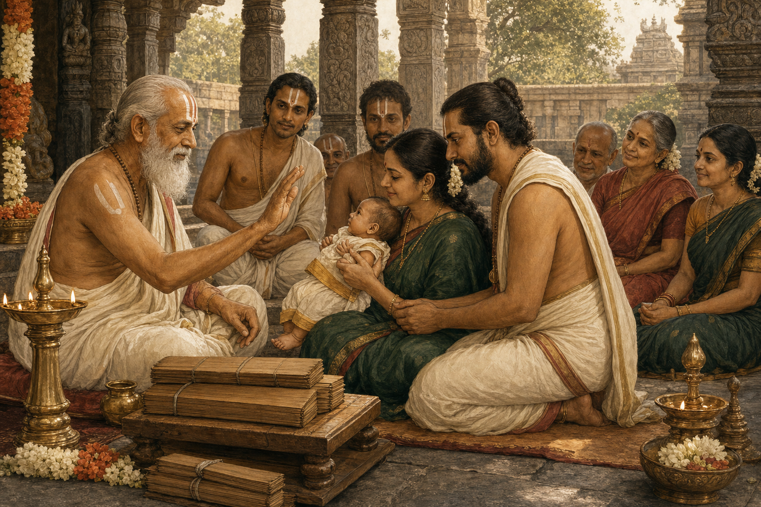 An elderly Vaishnava teacher blesses an infant held by its parents while disciples and relatives watch in a carved temple courtyard.