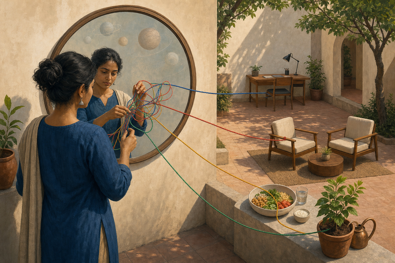 A person untangles colored threads before a round mirror, with a workspace, conversation chairs, meal, and tended plant nearby.