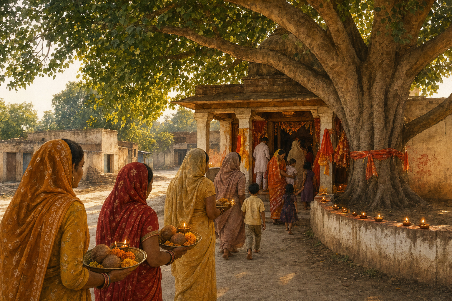 Women and families carry flowers, coconuts, and lamps toward a rural goddess temple shaded by a large tree in Braj.