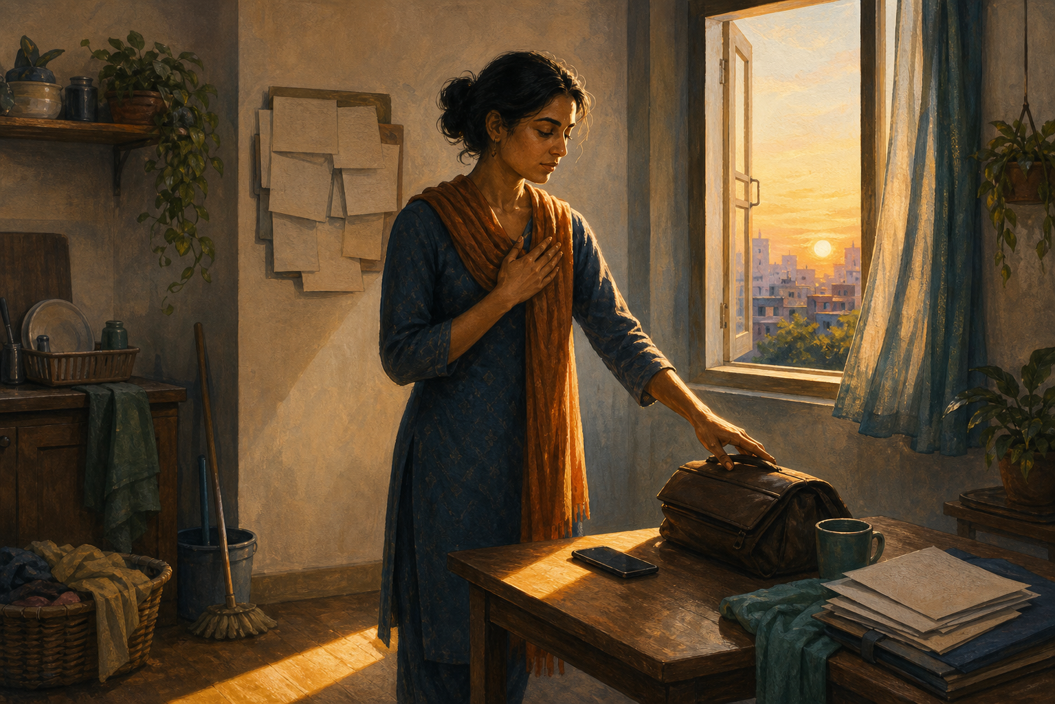 A person pauses in a dawn-lit apartment before reaching for a work bag, with a phone and household responsibilities nearby.