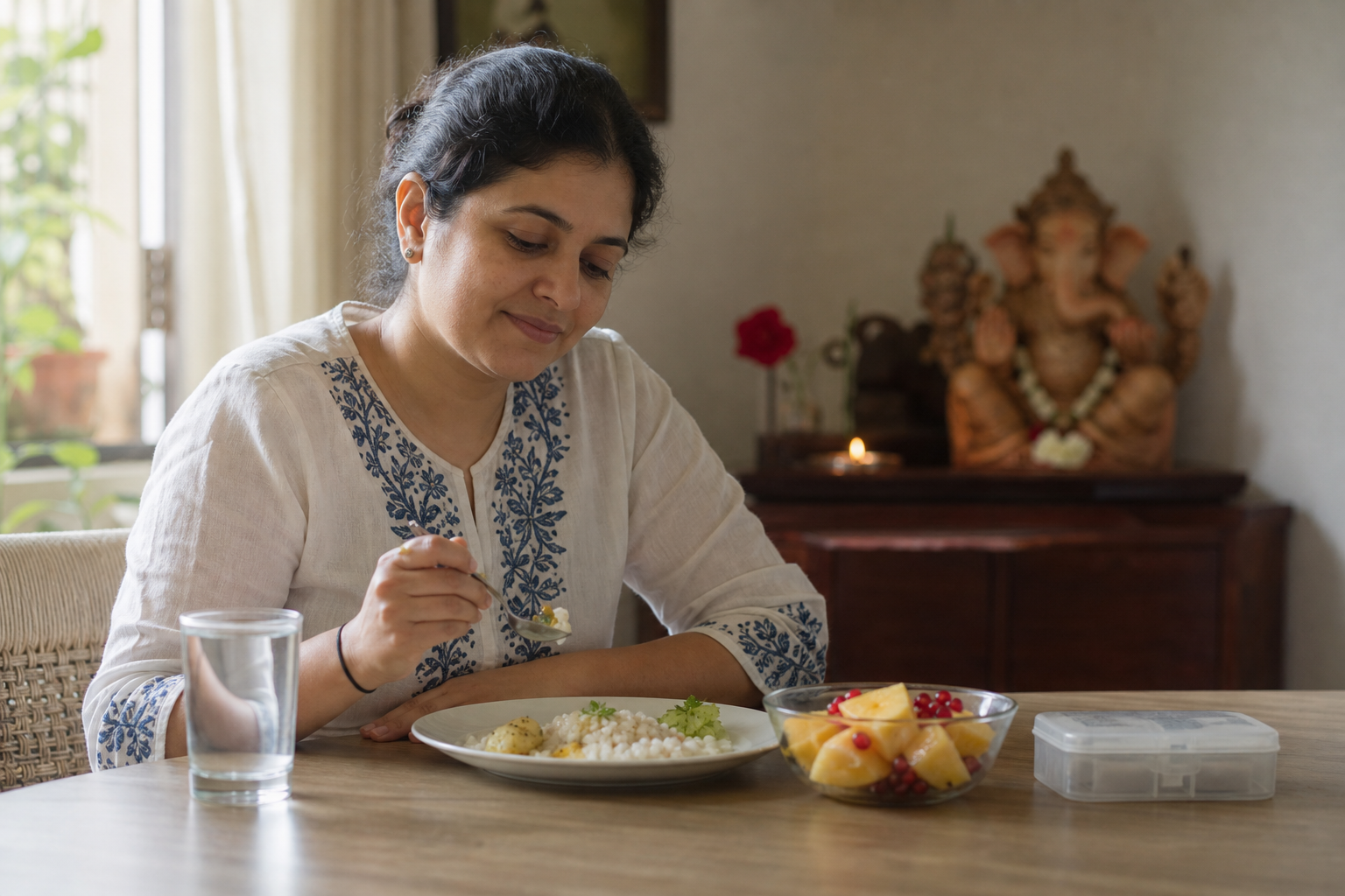 A devotee pauses at a home worktable with water, fruit, simple fasting food, and a small Ganesha shrine in the background.