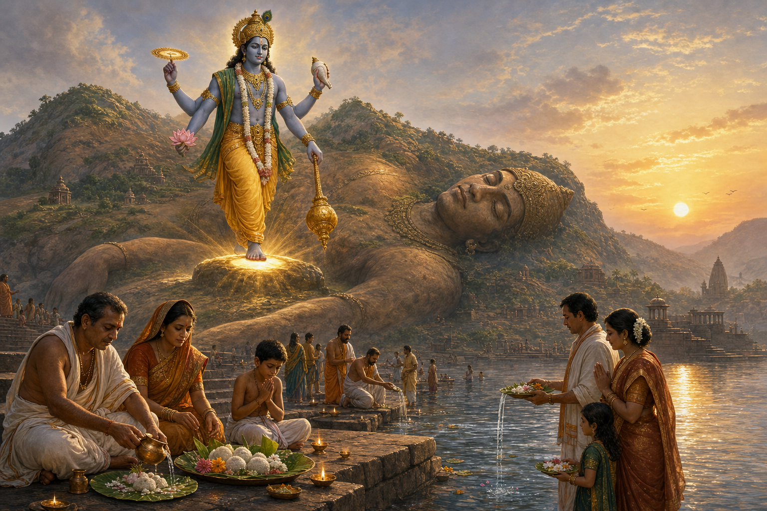 Vishnu places a foot on the reclining Gayasura as his form merges with sacred land, while families perform ancestral offerings at a riverside ghat below.
