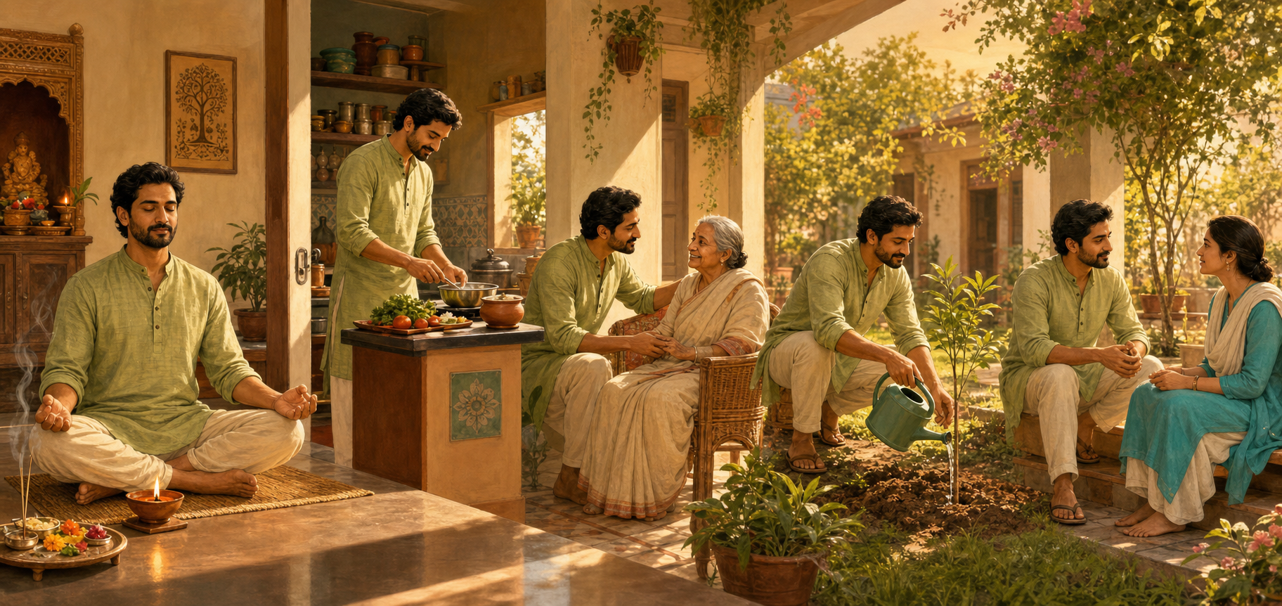 A person meditates, prepares food, helps an older neighbor, waters a tree, and speaks with a family member around a sunlit courtyard.